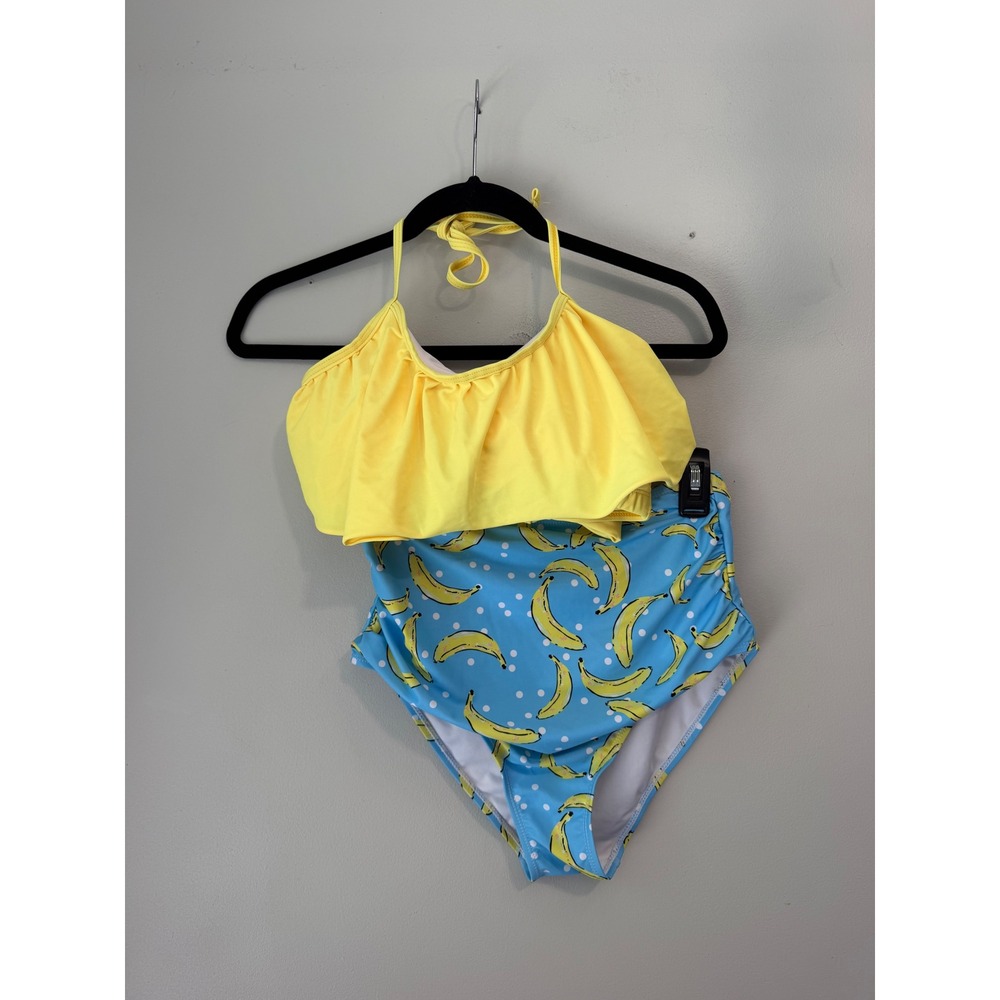 Yellow Flounce Halter Bikini Top & Blue Banana Print High Waist Bottoms Set M